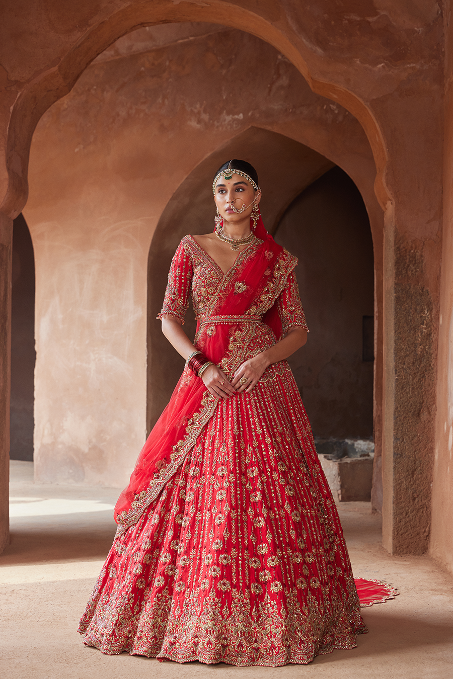 VERMILLON RED  RAW SILK LEHENGA CHOLI SET