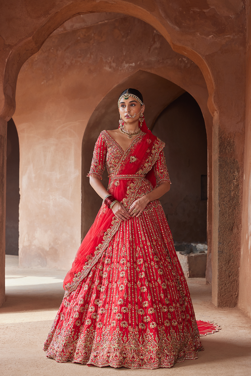 VERMILLON RED  RAW SILK LEHENGA CHOLI SET
