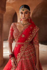 VERMILLON RED  RAW SILK LEHENGA CHOLI SET