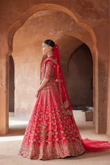 VERMILLON RED  RAW SILK LEHENGA CHOLI SET