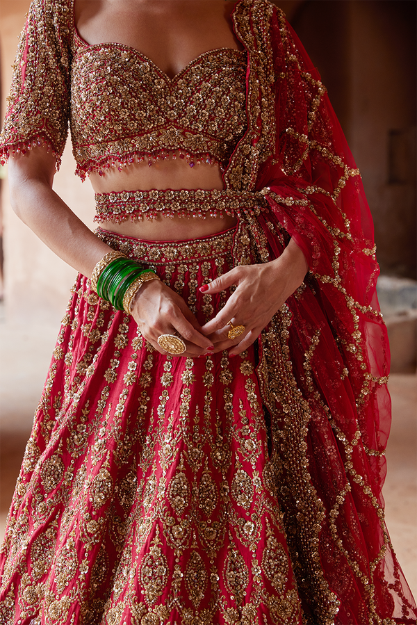 DEEP RED RAW SILK LEHENGA CHOLI SET