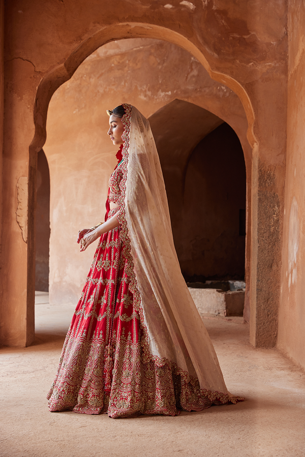SCARLET RED RAW SILK LEHENGA CHOLI SET
