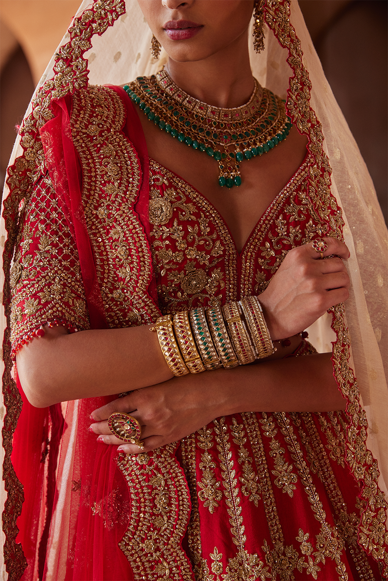 SCARLET RED RAW SILK LEHENGA CHOLI SET