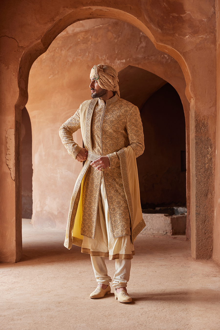 GOLD RAW SILK EMBROIDERED SHERWANI KURTA CHURIDAR SET