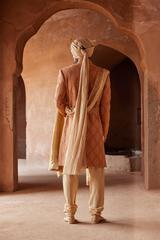 RUST MATKA SILK EMBROIDERED SHERWANI  KURTA CHURIDAR SET