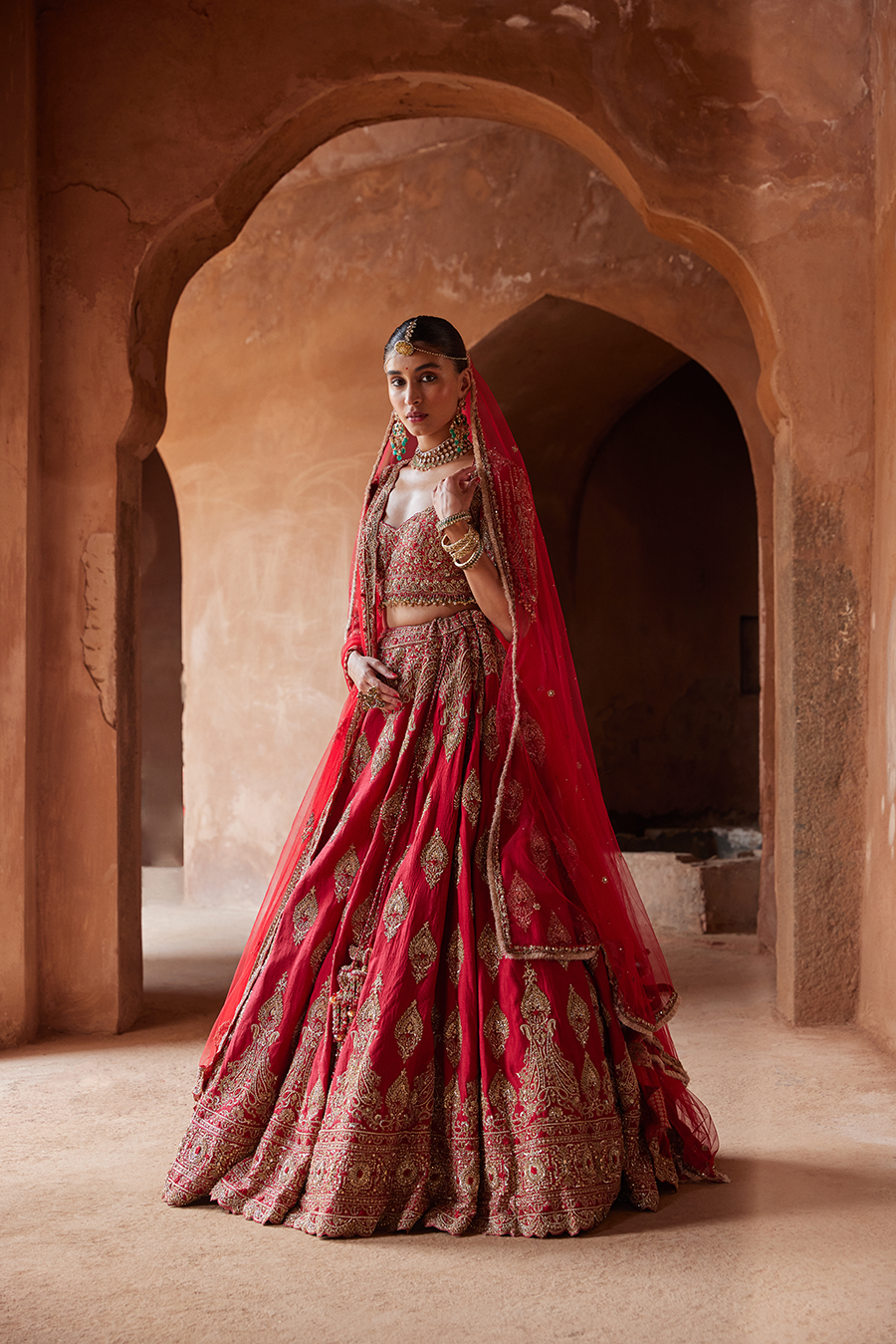 CARDINAL RED RAW SILK LEHENGA CHOLI SET