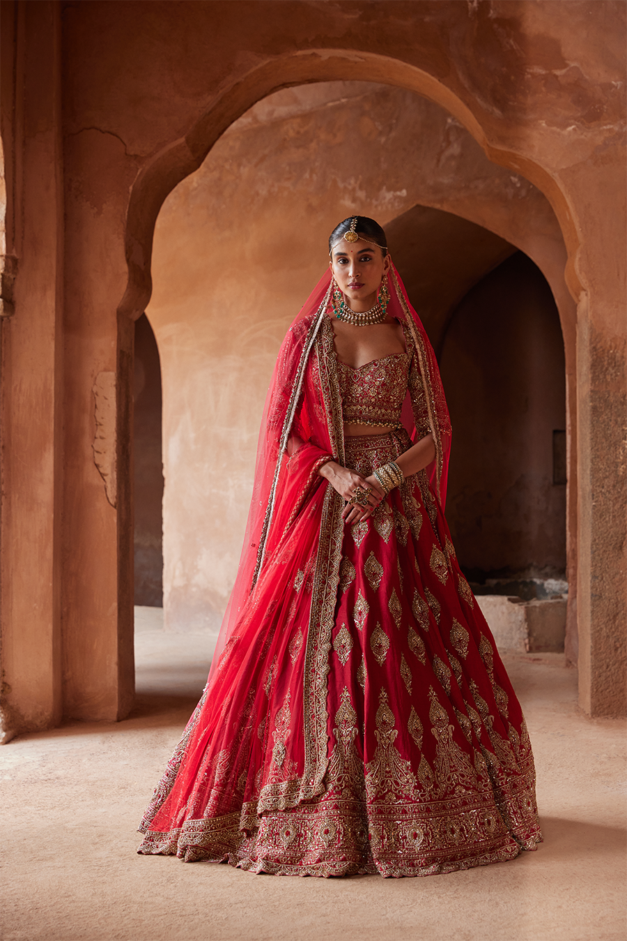 CARDINAL RED RAW SILK LEHENGA CHOLI SET