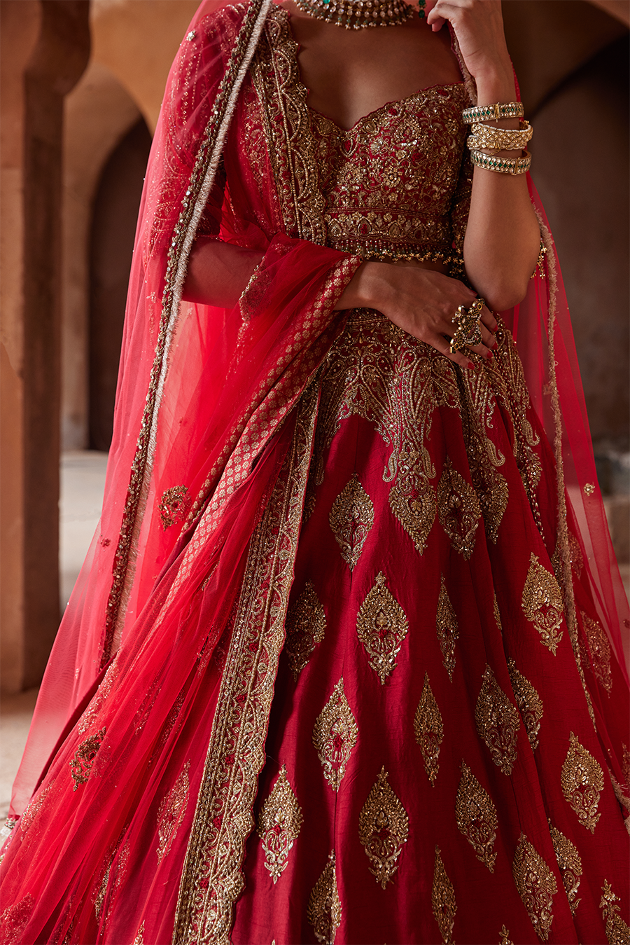 CARDINAL RED RAW SILK LEHENGA CHOLI SET