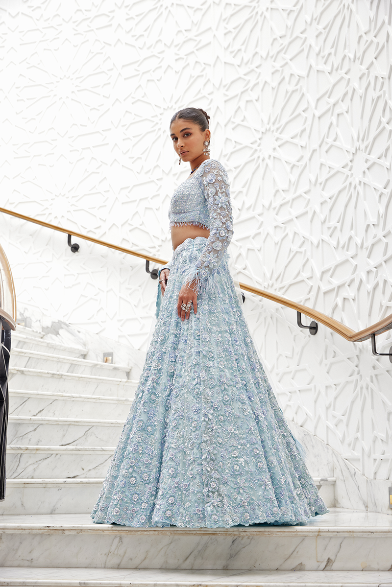 POWDER BLUE NET LEHENGA CHOLI SET