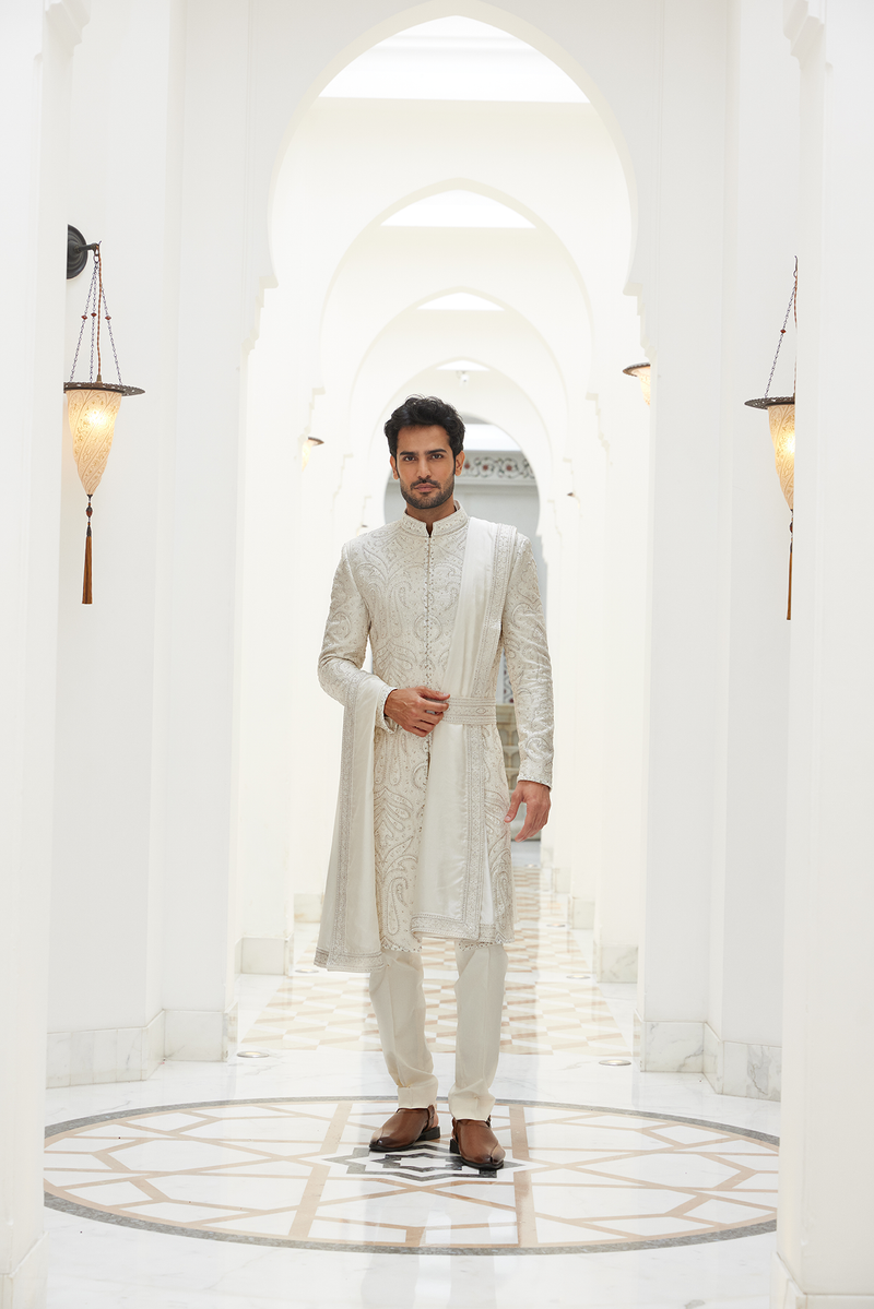 IVORY RAW SILK SHERWANI KURTA TROUSER SET