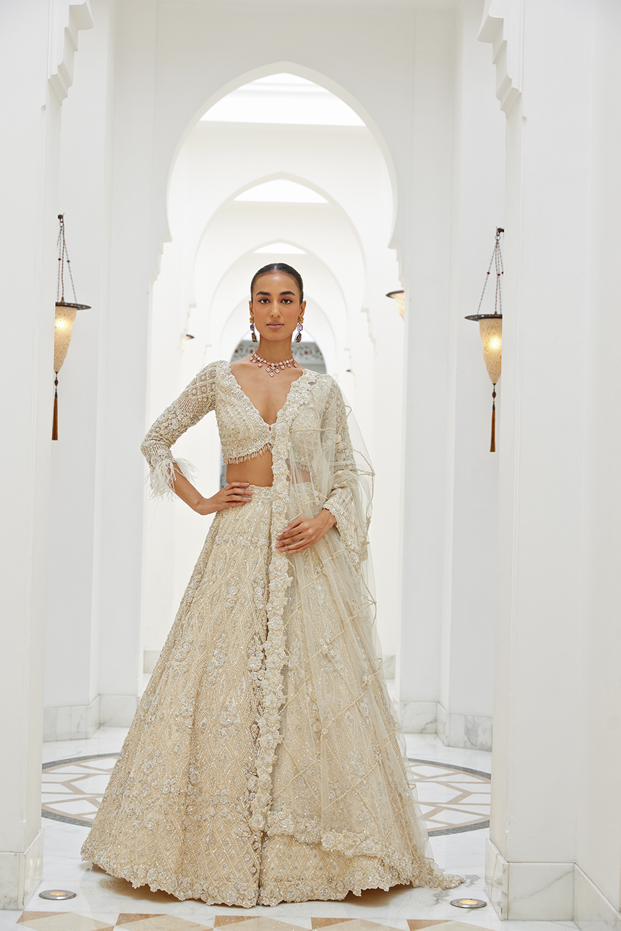 IVORY NET LEHENGA CHOLI SET
