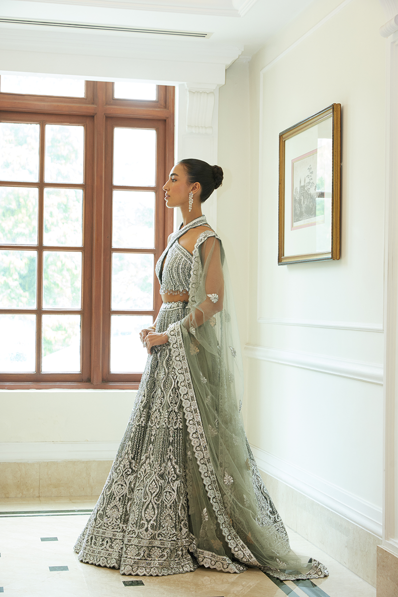 CHARCOAL GREY NET LEHENGA CHOLI SET