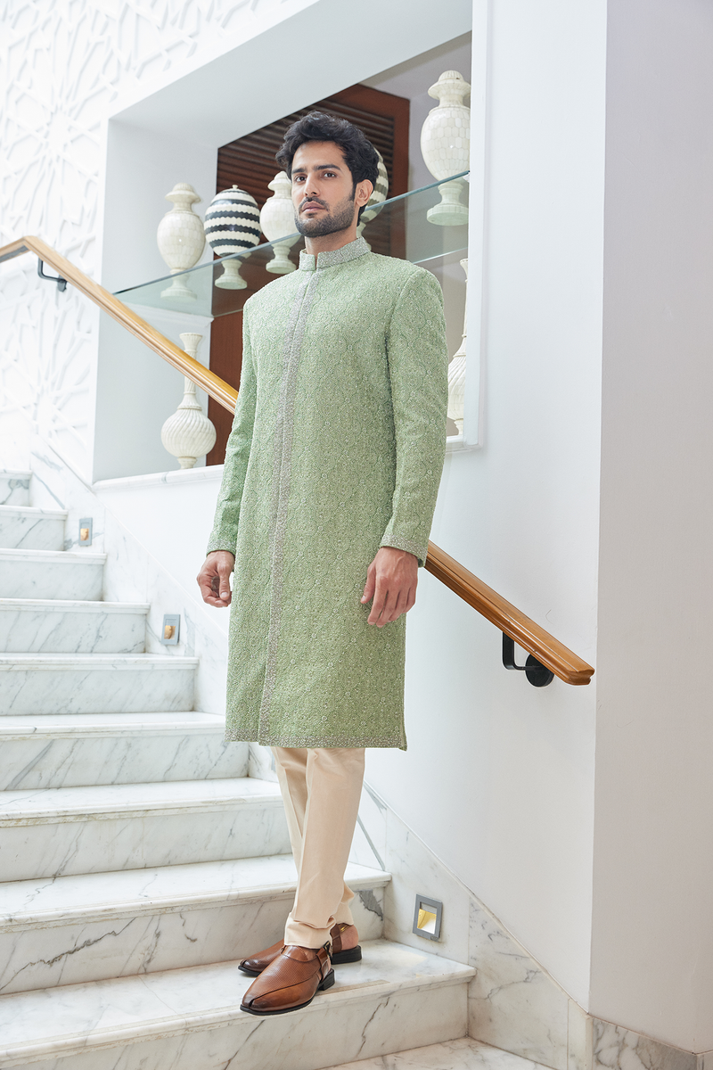 MINT GREEN RAW SILK SHERWANI KURTA TROUSER SET