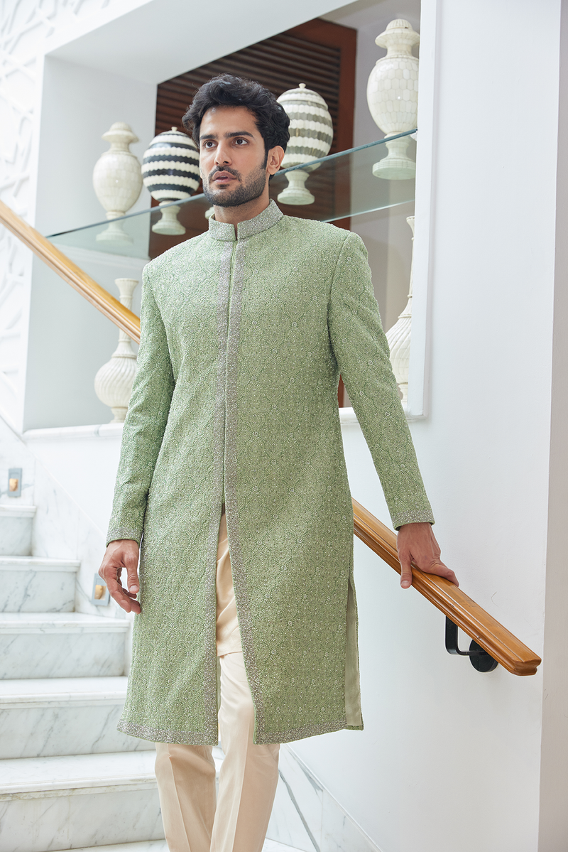 MINT GREEN RAW SILK SHERWANI KURTA TROUSER SET