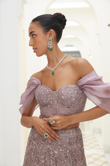 MAUVE NET FISHTAILED SKIRT AND CORET