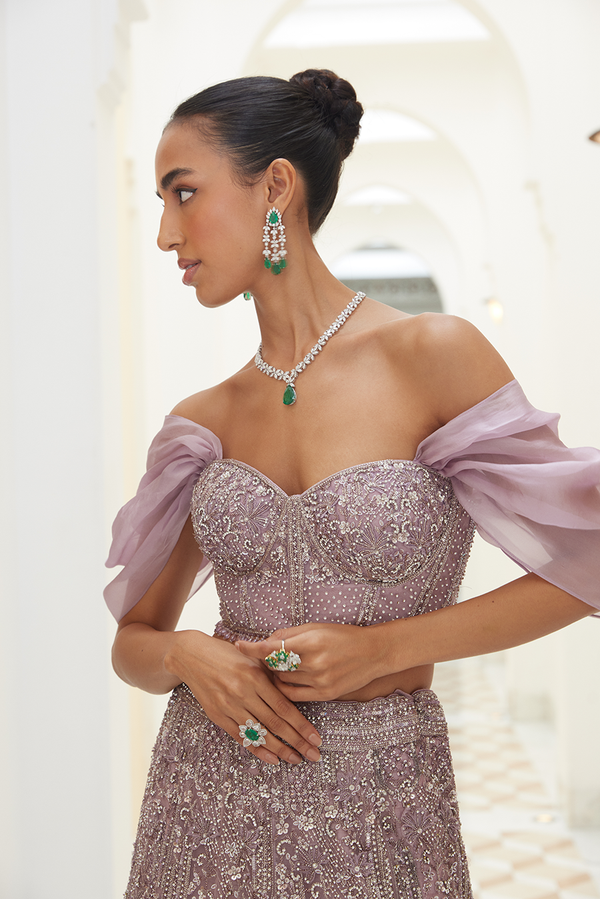 MAUVE NET FISHTAILED SKIRT AND CORET