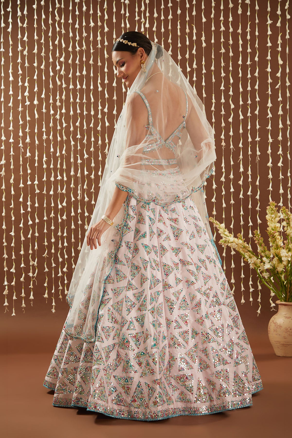 Powder Pink Tafetta Lehenga Multi Resham Work
