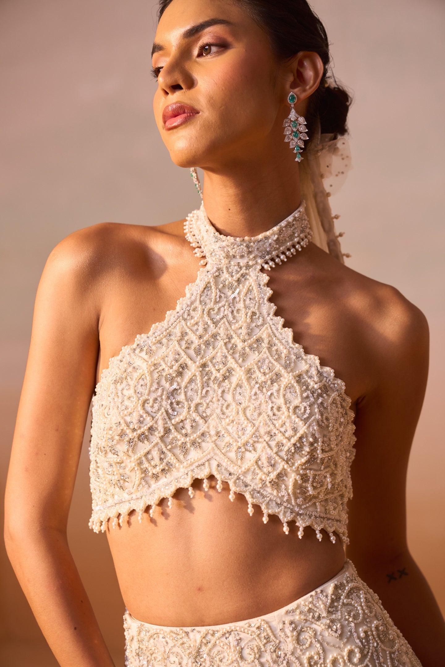 Amna Sharif In IVORY FISHTAILED SKIRT WITH PEARL WORK