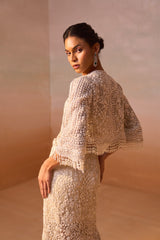 Mallika singhania In IVORY TRAIL SKIRT WITH PLEATED CROPTOP AND VEIL