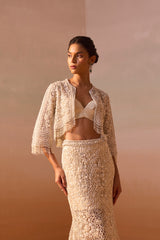Mallika singhania In IVORY TRAIL SKIRT WITH PLEATED CROPTOP AND VEIL