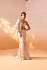 Mallika singhania In IVORY TRAIL SKIRT WITH PLEATED CROPTOP AND VEIL