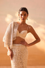 Mallika singhania In IVORY TRAIL SKIRT WITH PLEATED CROPTOP AND VEIL