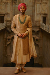 Salmon Matka Sherwani Beige Kurta Churidar Set