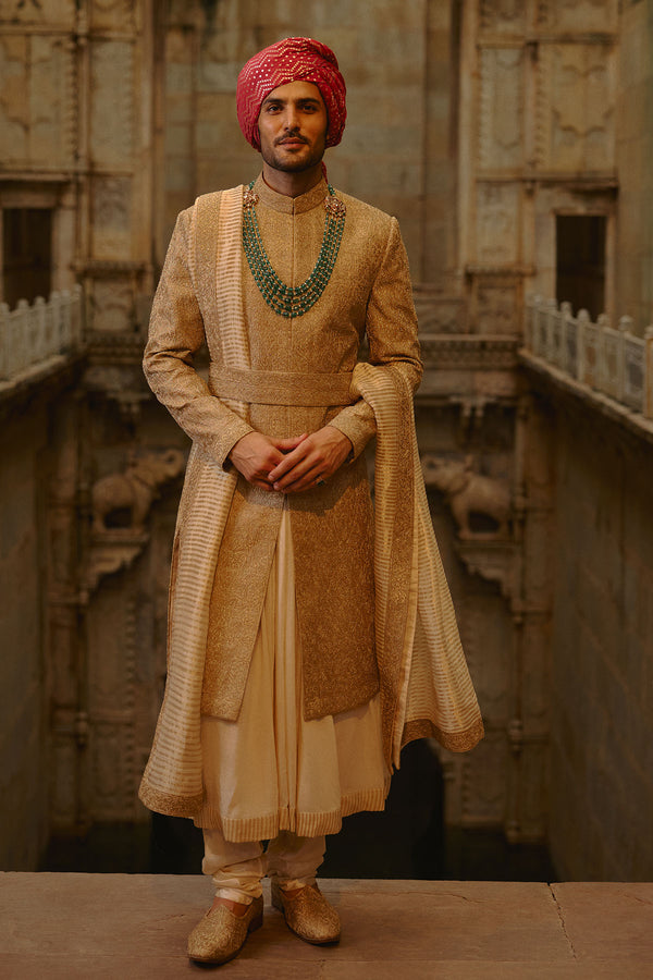 Salmon Matka Sherwani Beige Kurta Churidar Set