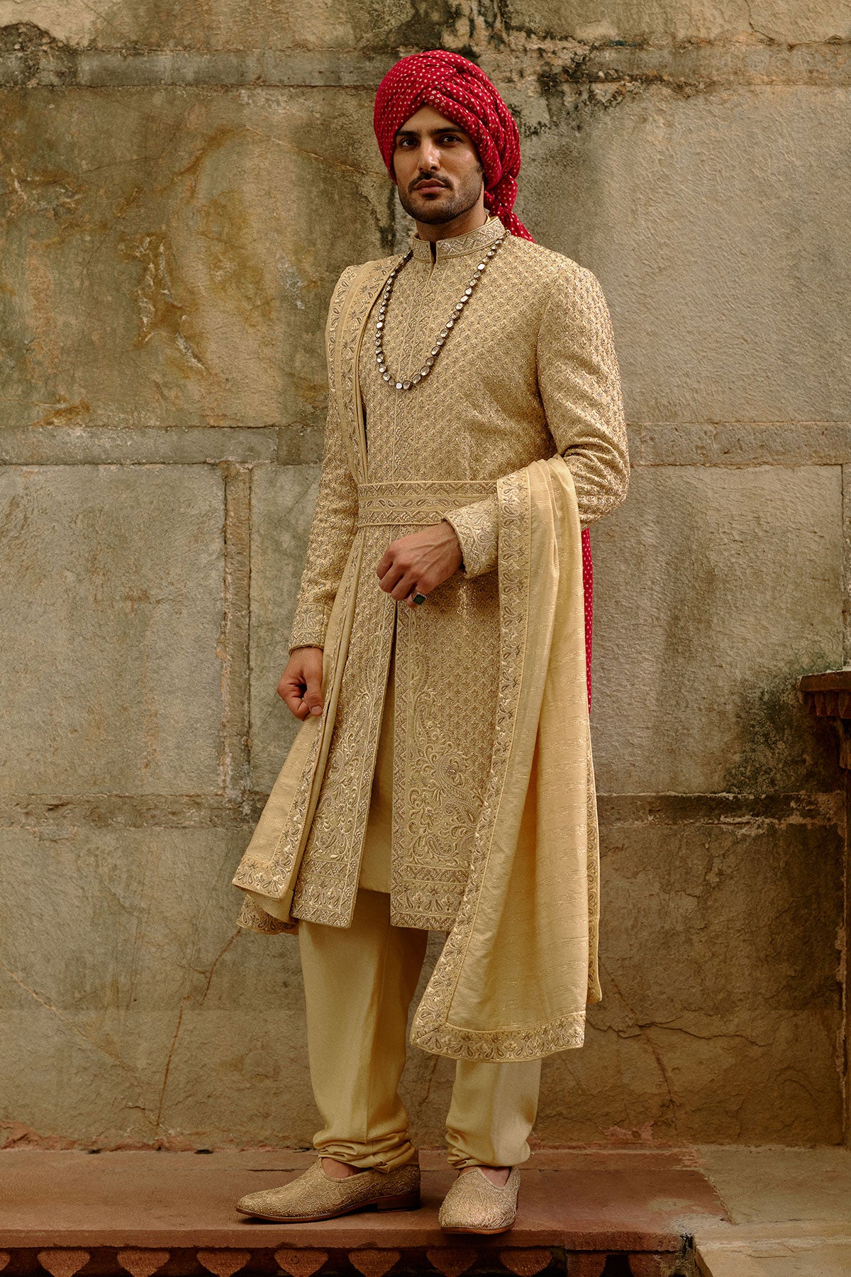 Gold Zardozi Raw Silk Sherwani Set