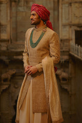 Salmon Matka Sherwani Beige Kurta Churidar Set