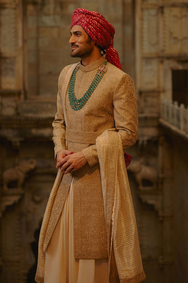 Salmon Matka Sherwani Beige Kurta Churidar Set