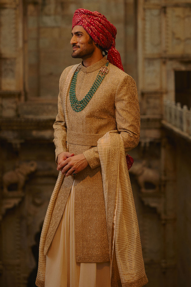 Salmon Matka Sherwani Beige Kurta Churidar Set