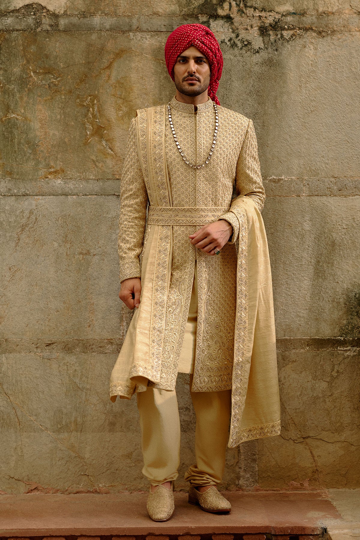Gold Zardozi Raw Silk Sherwani Set
