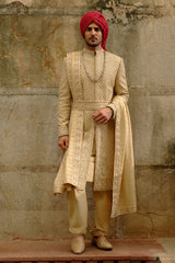 Gold Zardozi Raw Silk Sherwani Set