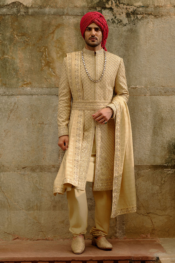 Gold Zardozi Raw Silk Sherwani Set