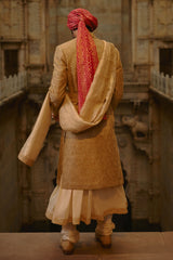 Salmon Matka Sherwani Beige Kurta Churidar Set