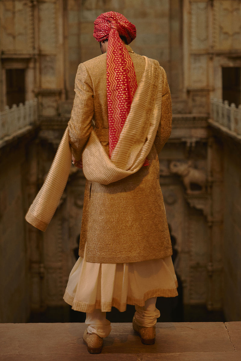 Salmon Matka Sherwani Beige Kurta Churidar Set
