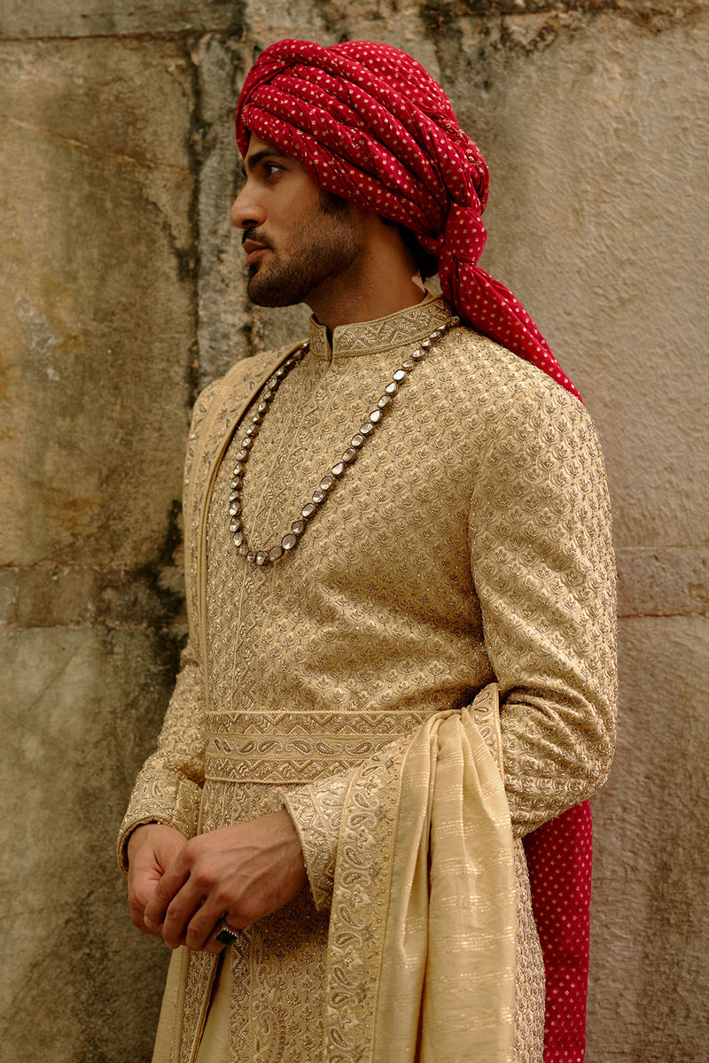 Gold Zardozi Raw Silk Sherwani Set