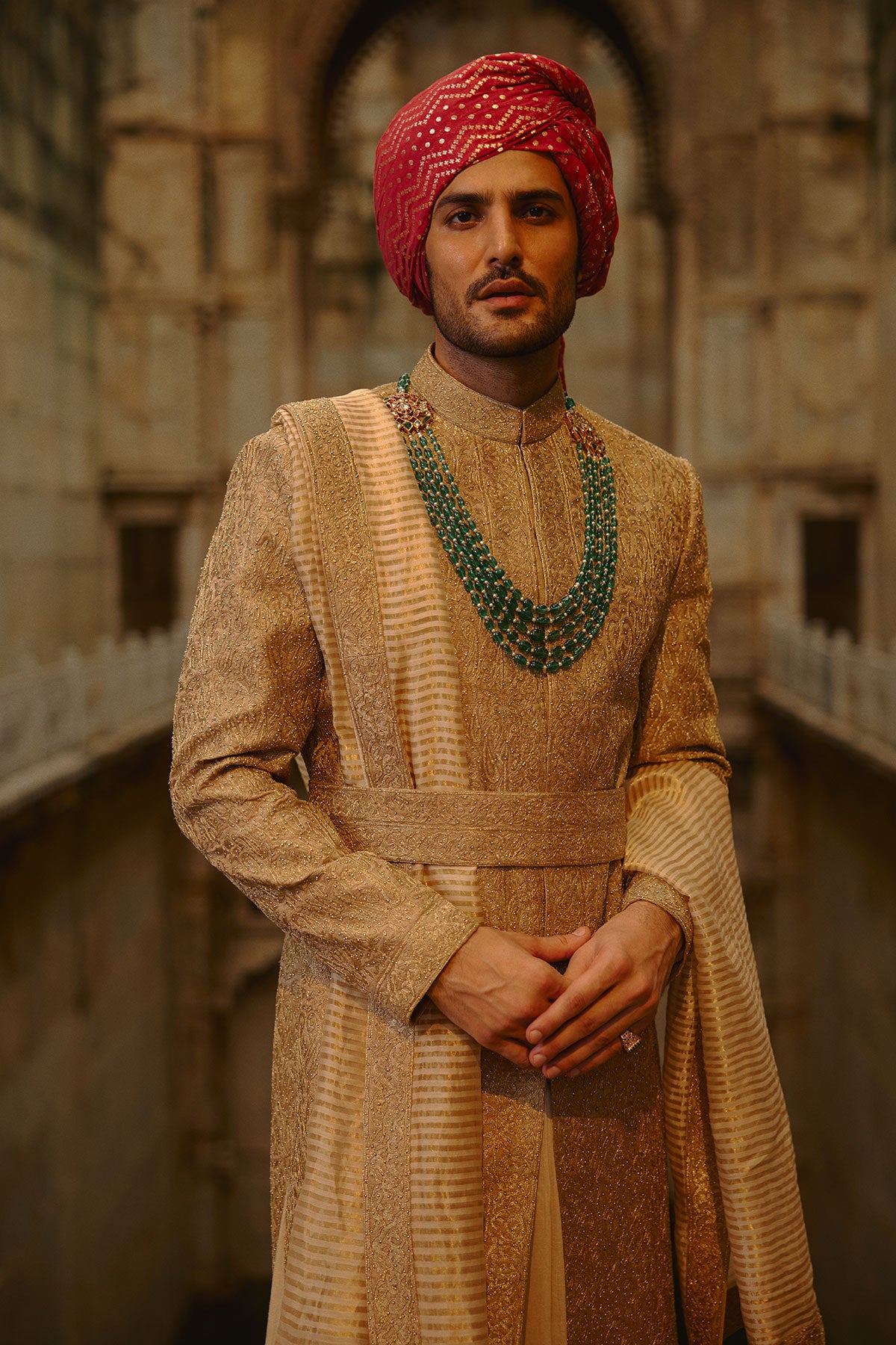 Gold Tussar Sherwani with Choga and Churidar
