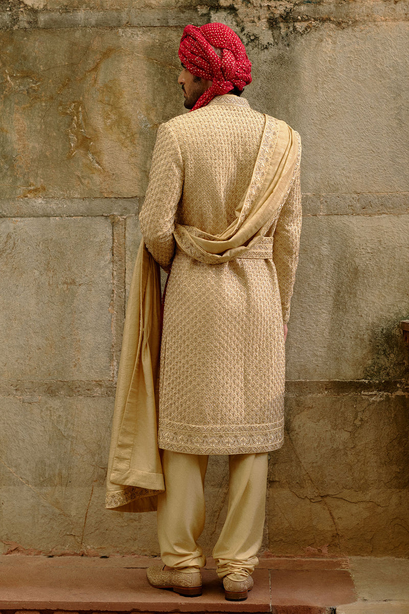 Gold Zardozi Raw Silk Sherwani Set