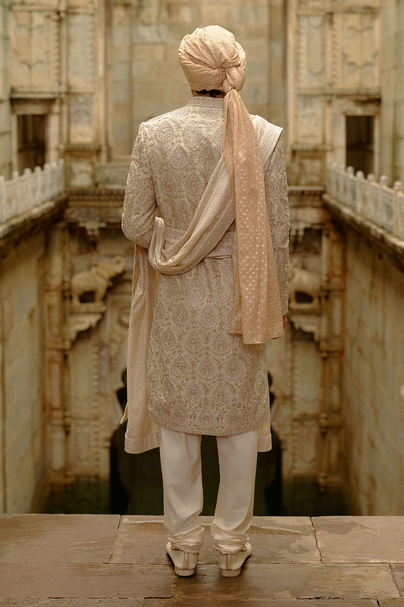 Light Beige Raw Silk Sherwani Set