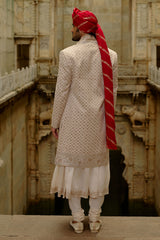 Cream Sherwani Jacket With Choga And Churidar Set