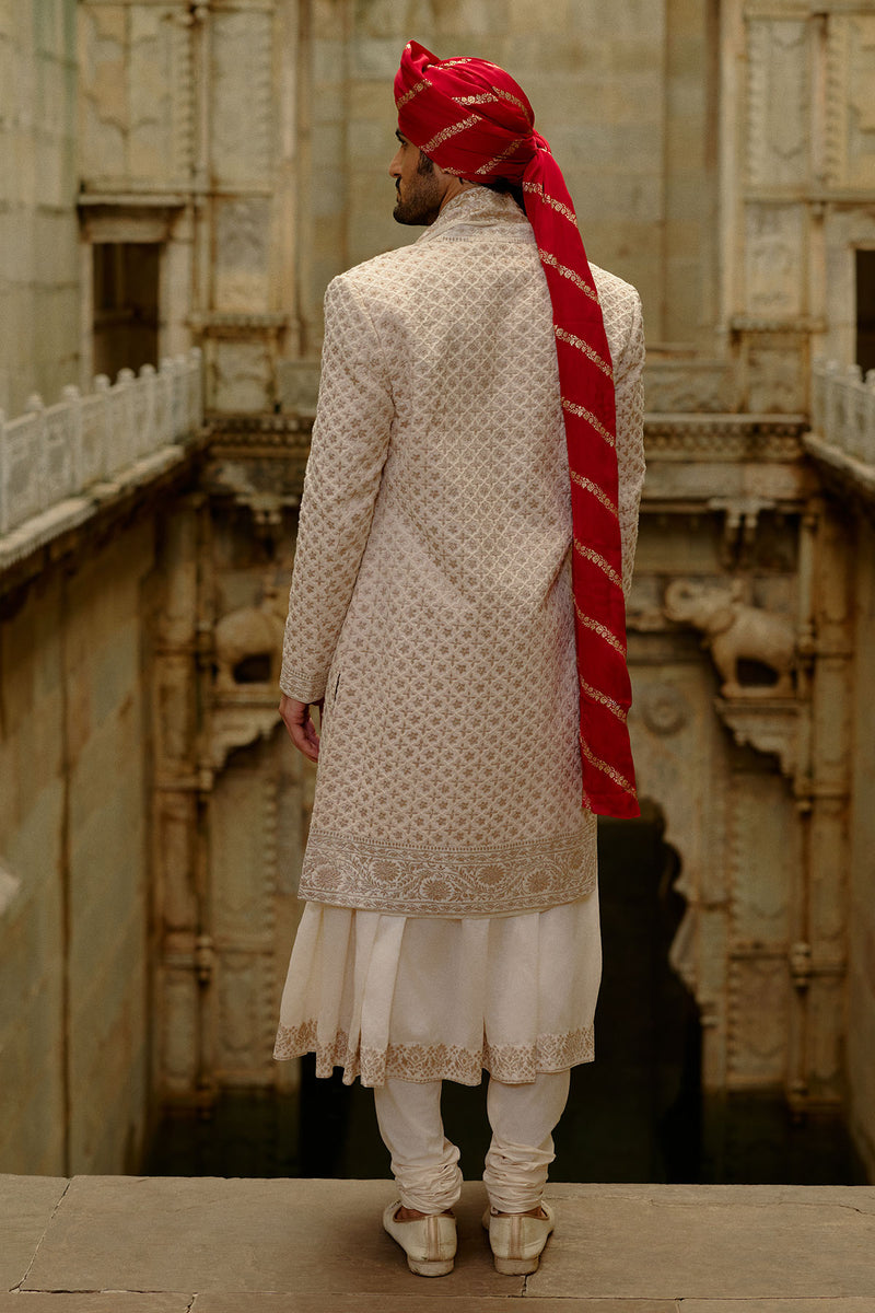 Cream Sherwani Jacket With Choga And Churidar Set