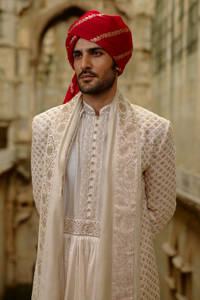 Cream Sherwani Jacket With Choga And Churidar Set