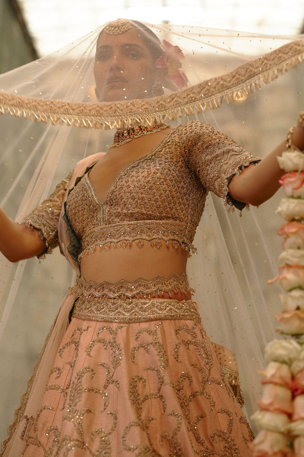 Peach Raw Silk Lehenga Set
