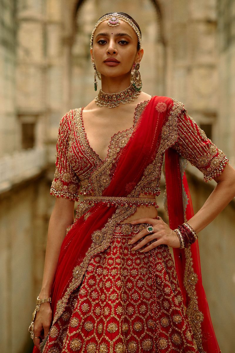 Red Hexagon Raw Silk Lehenga Set
