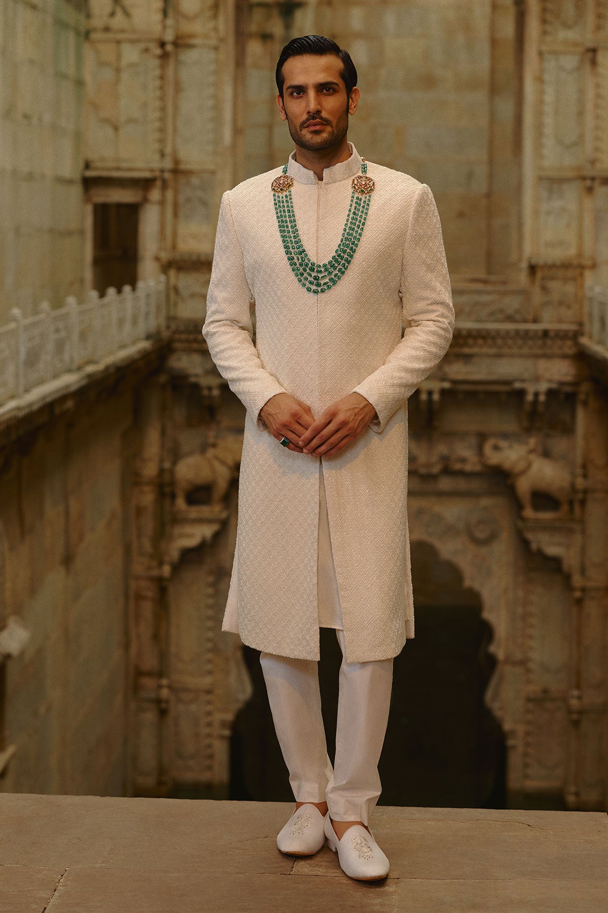 Ivory All Over Geometric Embroidered Sherwani Set