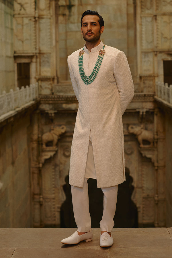Ivory All Over Geometric Embroidered Sherwani Set