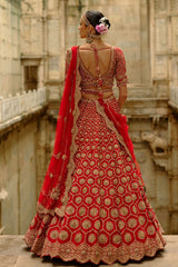 Red Hexagon Raw Silk Lehenga Set