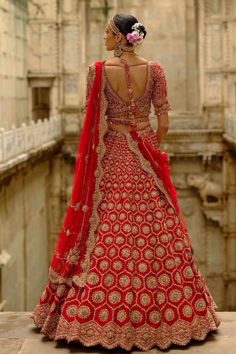 Red Hexagon Raw Silk Lehenga Set